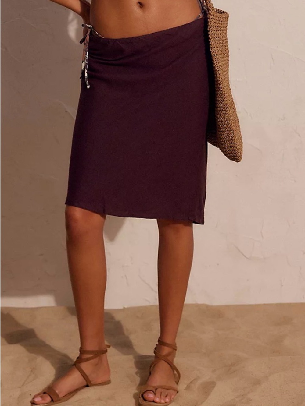 NWT Free People My Little Midi Skirt Dark Burgundy Linen Blend Pull On Sz L